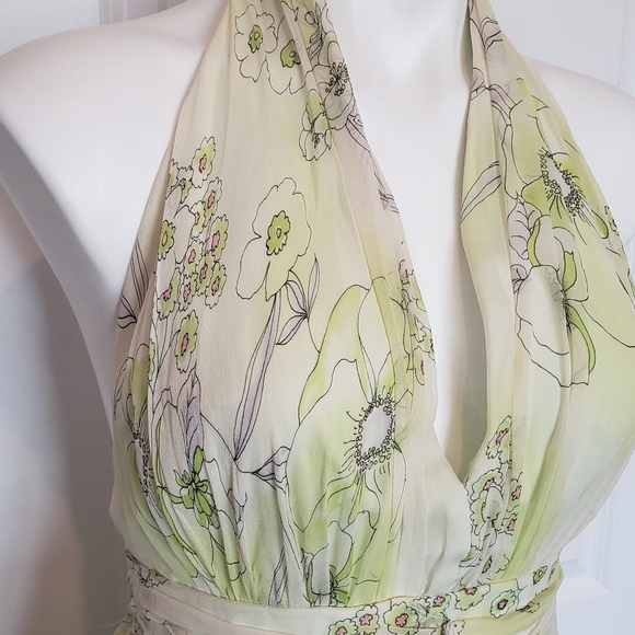 David Meister Yellow Green Silk Floral Halter Ruffle 90s Y2K Dress 4 - Picture 3 of 12